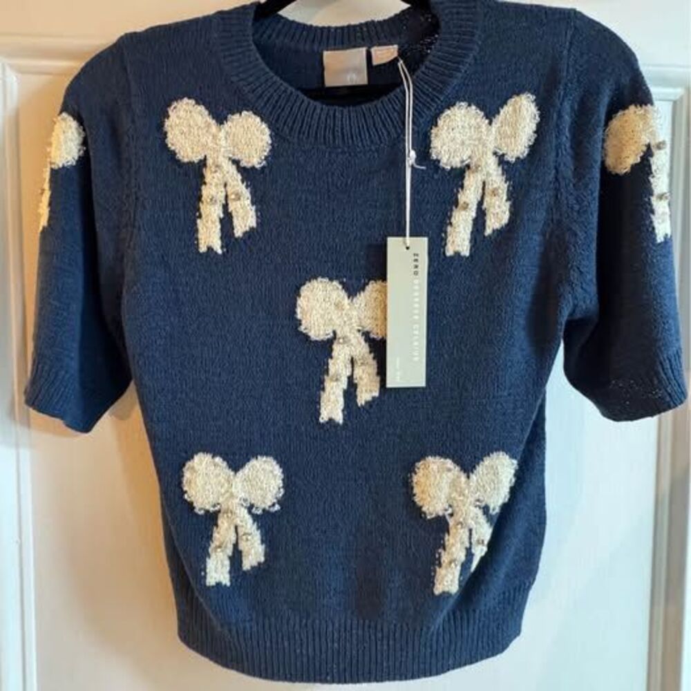 NWT Zero Degrees Celsius Navy 3D Bow Motif Sweater Small Coquette